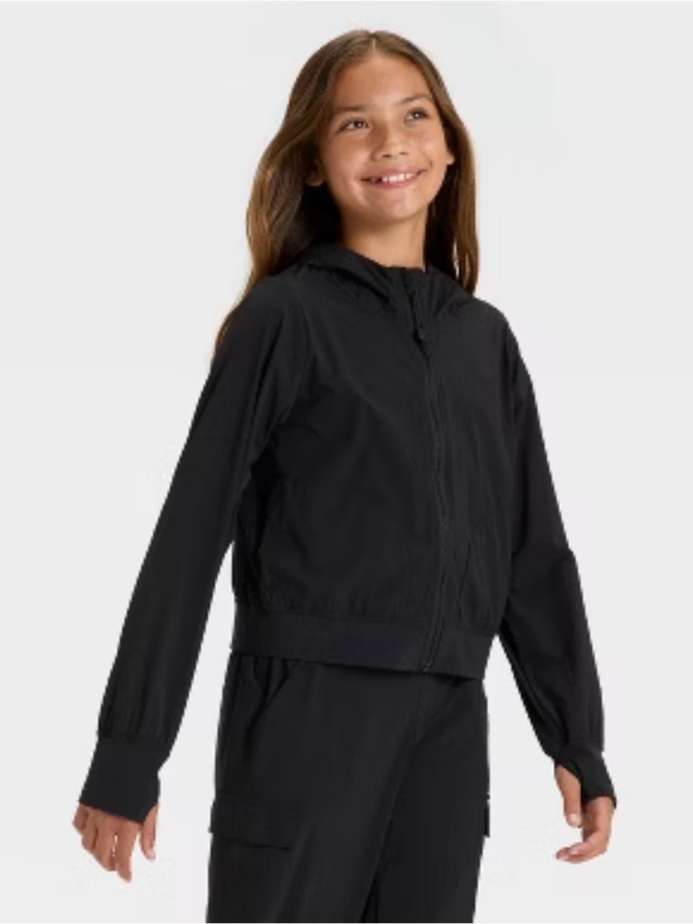 NWT - All In Motion: Girls Black Wind Breaker Zip Up Jacket, Size XL (14)